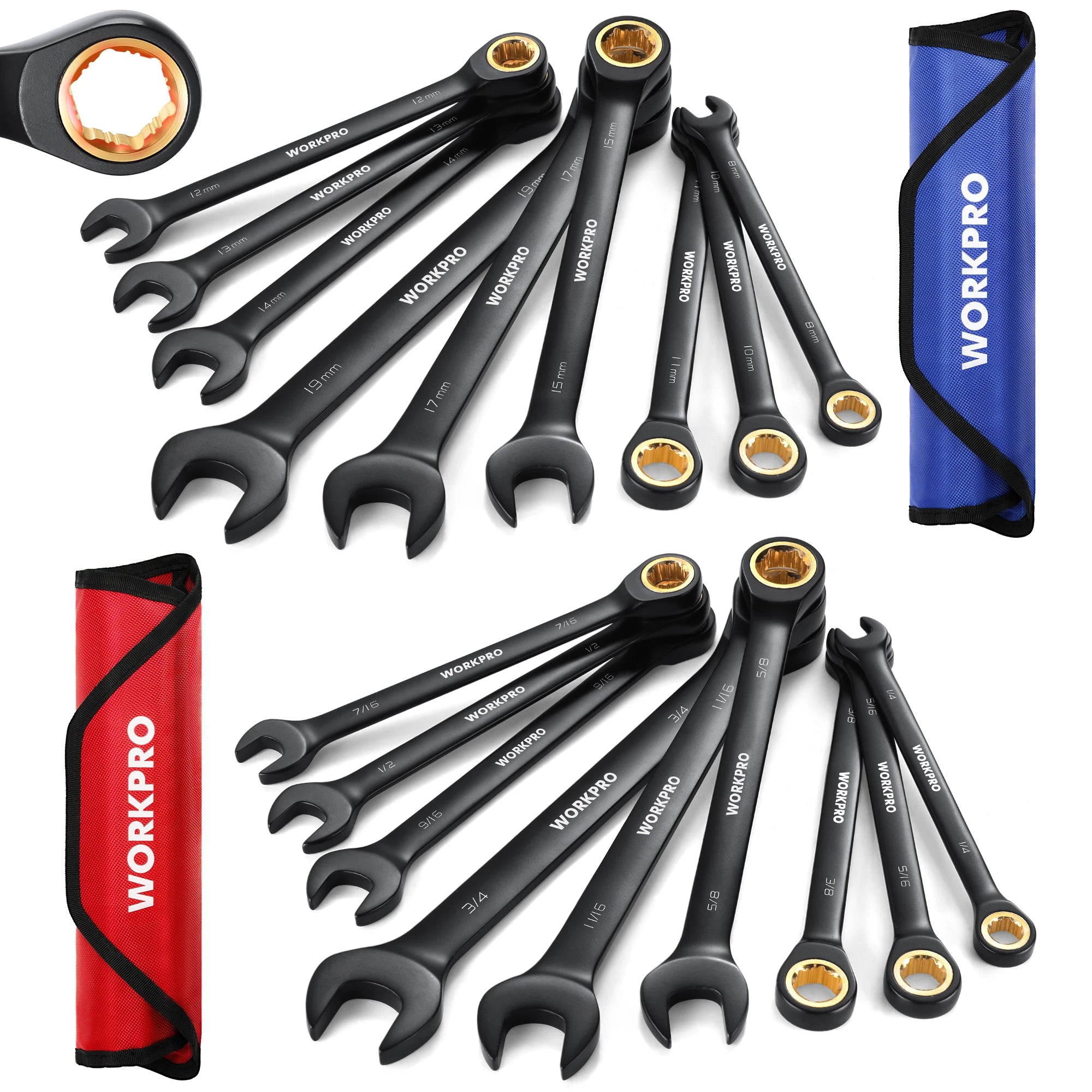 WORKPRO 9-Piece 72-Tooth Ratcheting Combination Wrench Set (Metric 8–19mm)