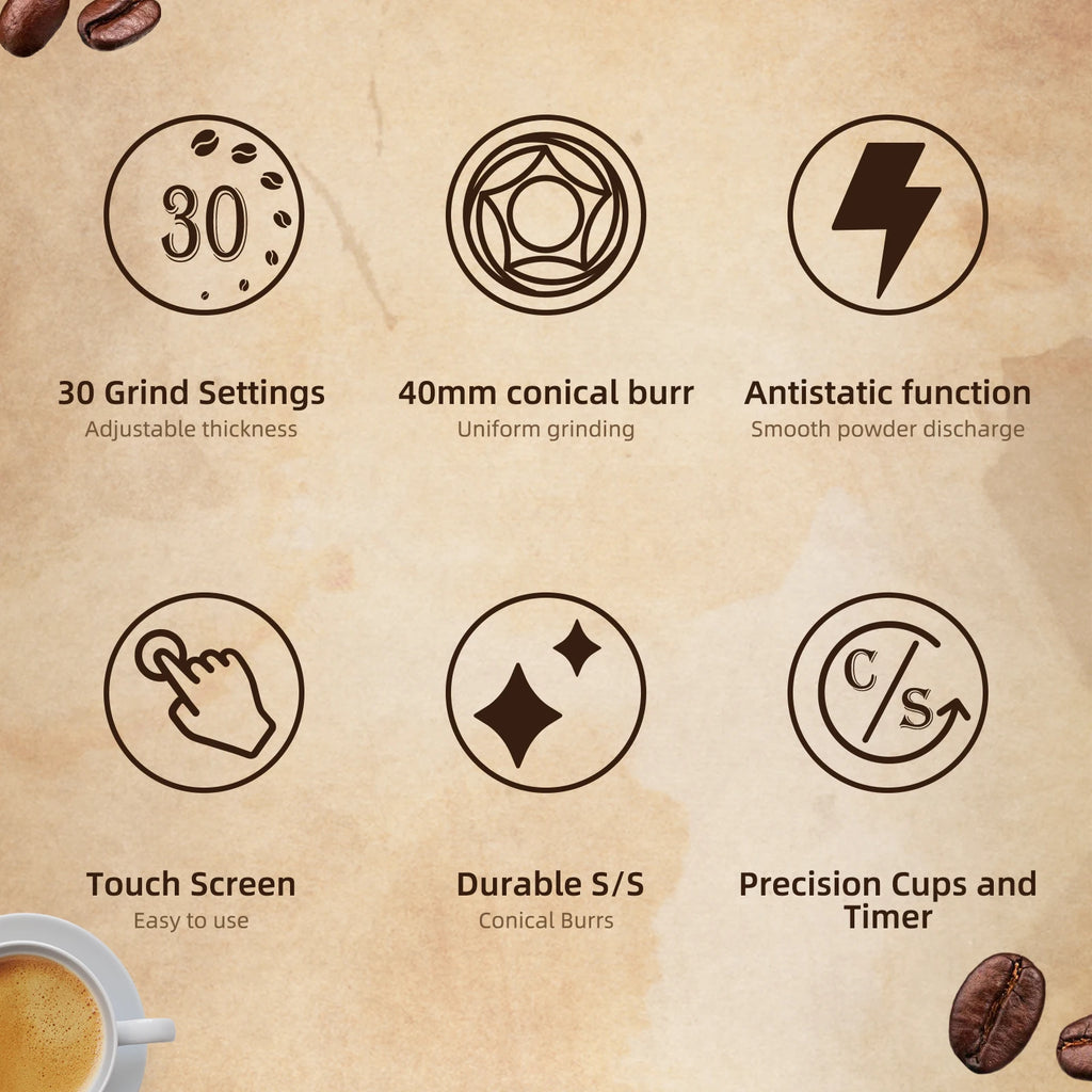 BioloMix Precision Conical Burr Coffee Grinder – 30-Setting Electric Burr Mill with LCD Timer, Magneti Ring & 300g Hopper