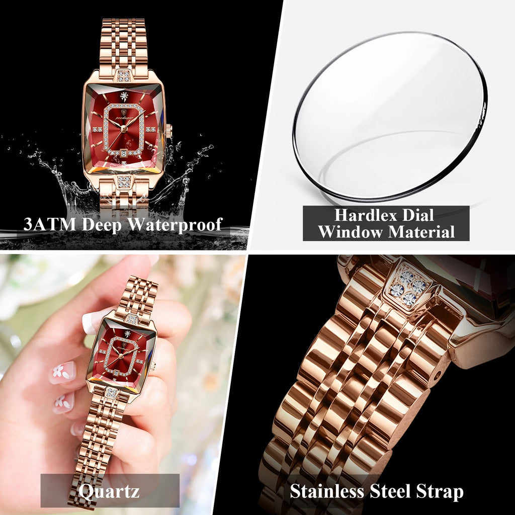 POEDAGAR Women’s Elegant Rectangle Stainless Steel Watch – Waterproof Quartz Date Fashion Wristwatch