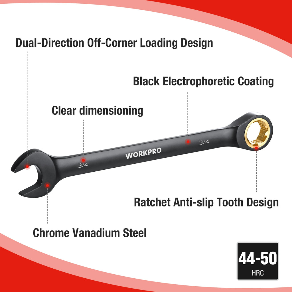 WORKPRO 9-Piece Anti-Slip Ratcheting Combination Wrench Set | 72-Tooth Cr-V Metric/SAE 8–19 mm | Durable Black Carbon Steel Ratchet Wrenches