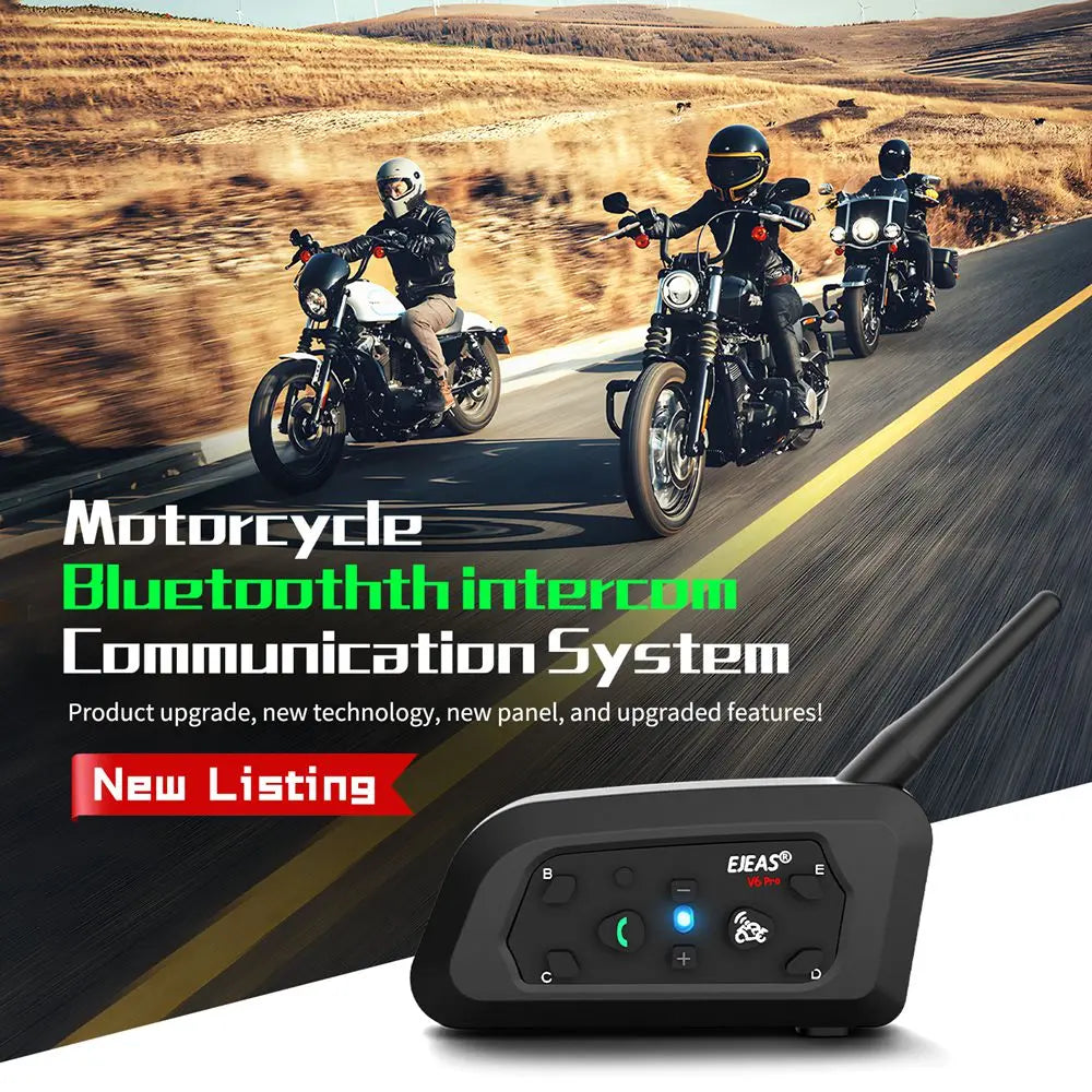 EJEAS V6 PRO+ Motorcycle Bluetooth Intercom — 6-Rider 800m Communication, IP67 Waterproof, Noise-Canceling Helmet Headset