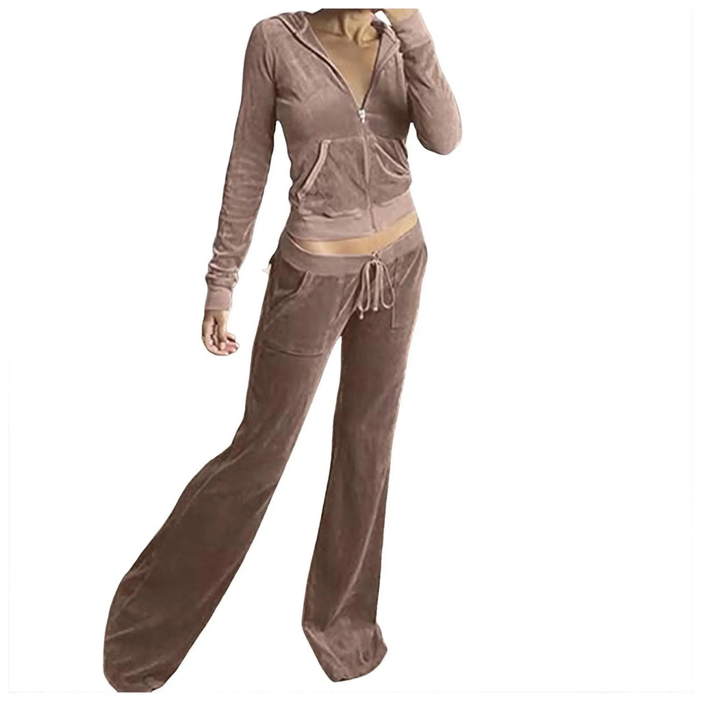Velour Velvet Two-Piece Tracksuit for Women – Slim Fit Zip-Up Hoodie & Sweatpants Set, Casual Luxe Loungewear Outfit