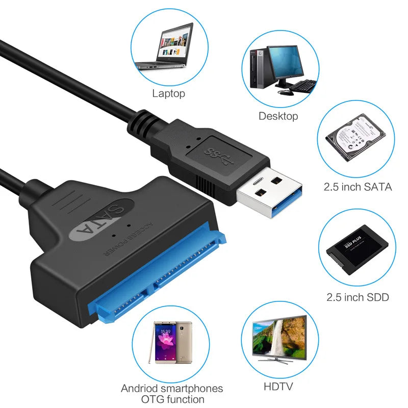 SATA to USB 3.0 Cable Adapter for 2.5” HDD SSD – 6Gbps Fast Data Transfer, External SATA III to USB 3.0/2.0 Compatible