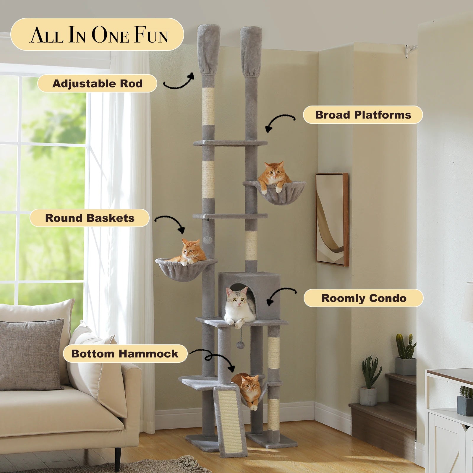 Cactus Floor-to-Ceiling Cat Tree Tower – 7-Tier Adjustable Cat Climbing Tree with Hammocks & Condo