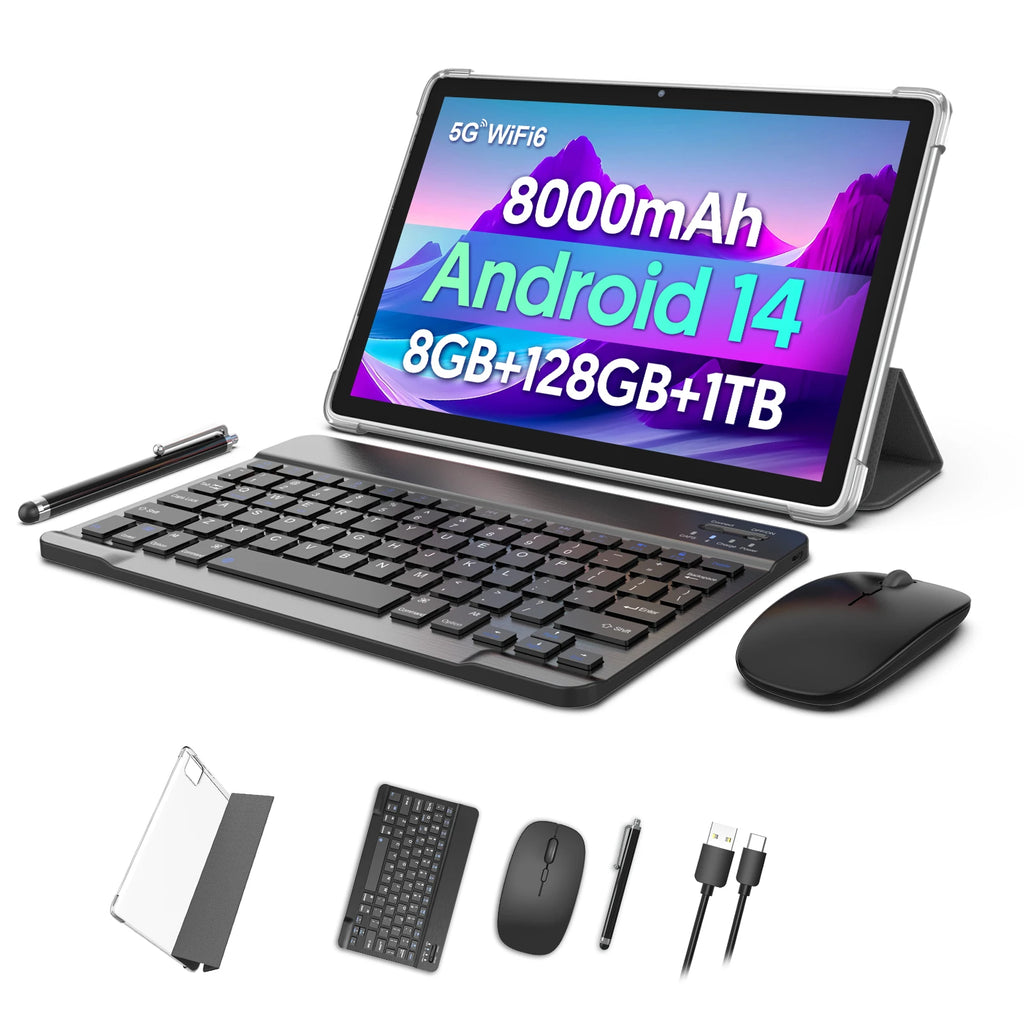 Android 14 Tablet with Keyboard, Mouse, Protective Case & Stylus – 8GB+128GB, Octa-Core, GMS Certified