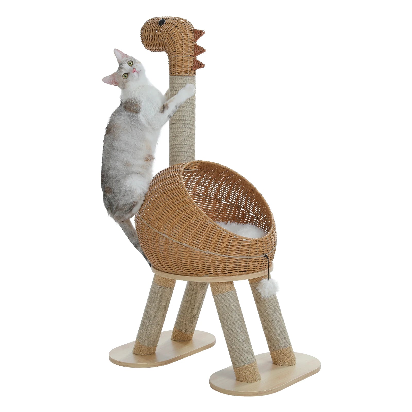 Dinosaur Cat Tree Tower – Rattan Cat Condo with Sisal Scratching Posts