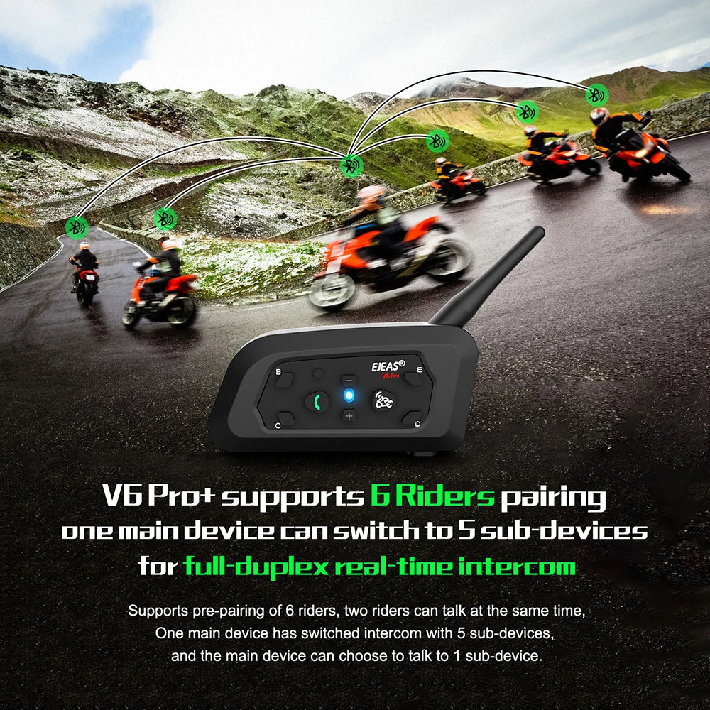 EJEAS V6 PRO+ Motorcycle Bluetooth Intercom — 6-Rider 800m Communication, IP67 Waterproof, Noise-Canceling Helmet Headset
