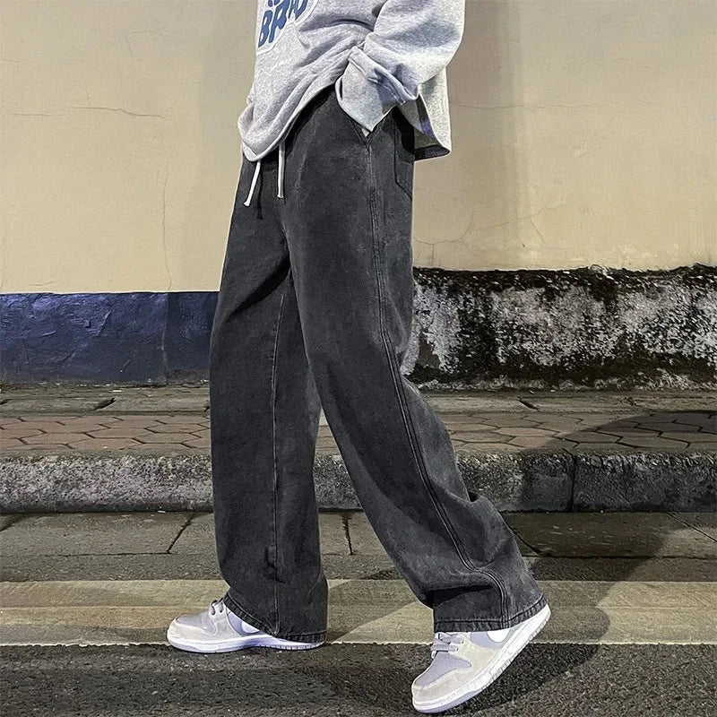 2024 Men’s Streetwear Loose Jeans – Korean Style Wide Leg Casual Pants, Black & Light Blue