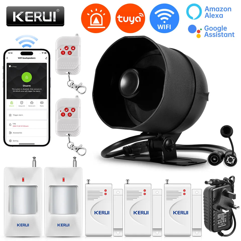 KERUI WiFi Smart Siren Alarm System – 120dB Tuya Home Security Kit with Door Sensor & Motion Sensor, App Control & Alexa/Google Compatible