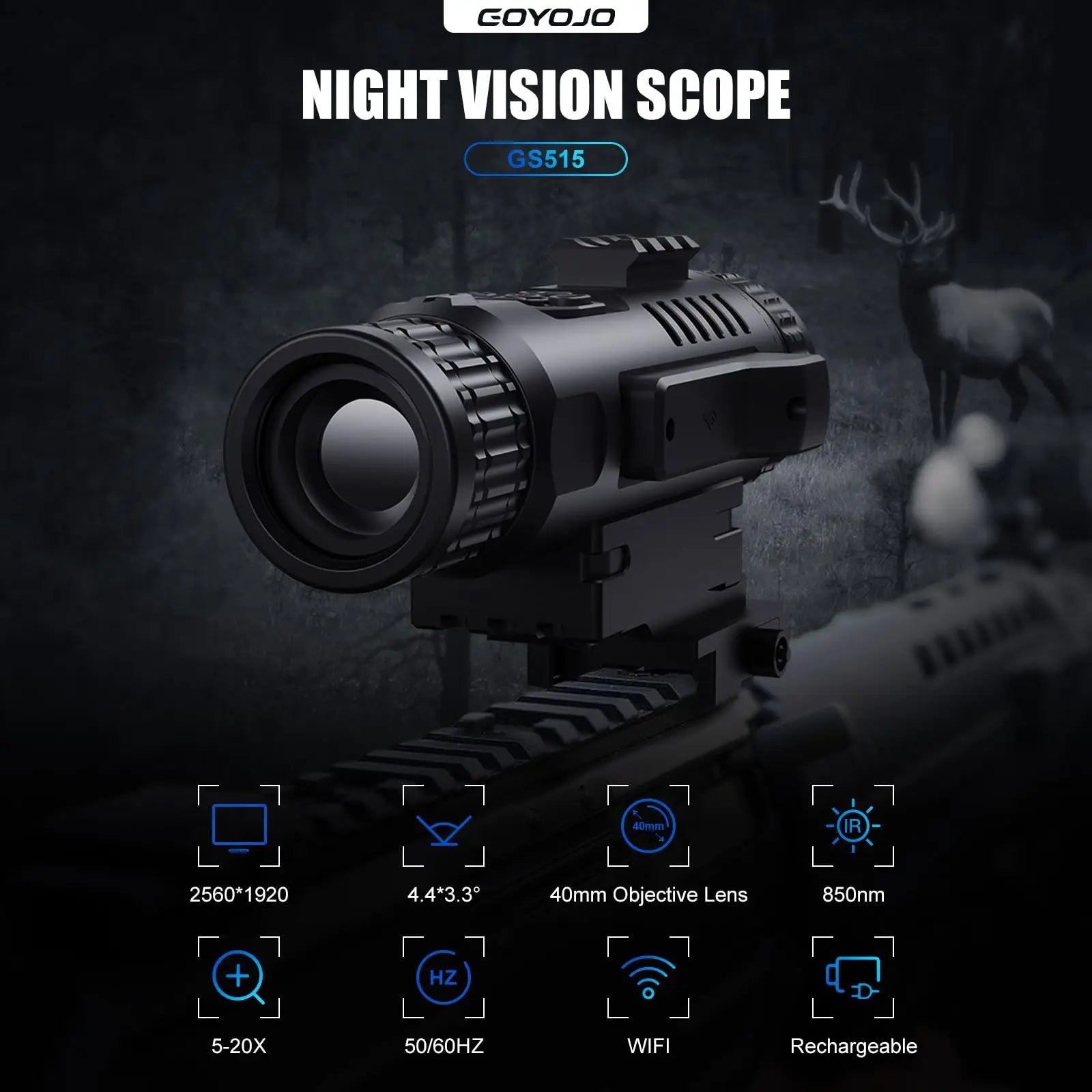 Kaalee GS515 Digital Night Vision Scope – 5–20X HD Day/Night Hunting Scope with 2560×1920 Resolution & IR Illuminator