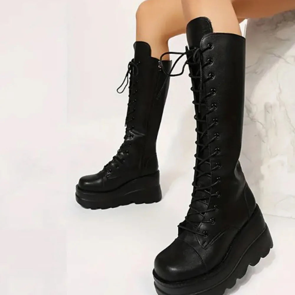 DoraTasia Black Gothic Fashion Round Toe Side Zipper Lace Up Women's Mid Calf Boots New INS Christmas Street Party Shoes Woman