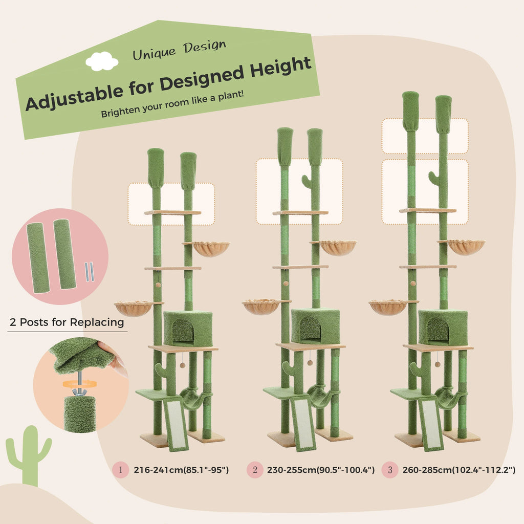Cactus Floor-to-Ceiling Cat Tree Tower – 7-Tier Adjustable Cat Climbing Tree with Hammocks & Condo