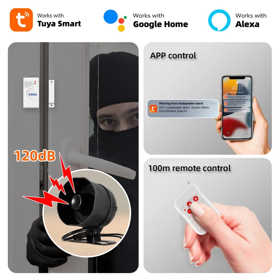 KERUI WiFi Smart Siren Alarm System – 120dB Tuya Home Security Kit with Door Sensor & Motion Sensor, App Control & Alexa/Google Compatible