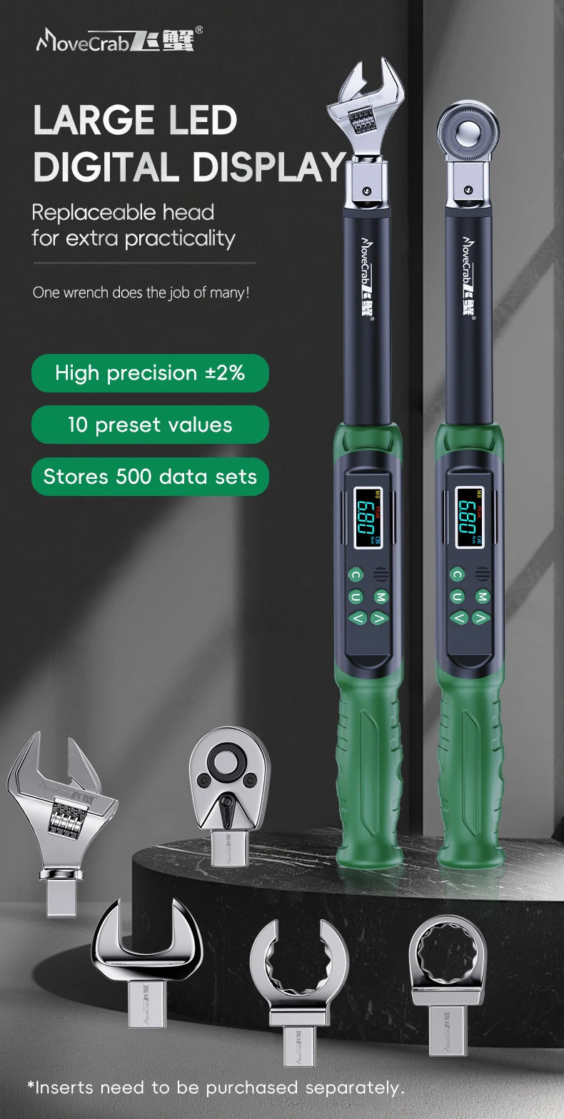 MoveCrab Digital Torque Wrench with Interchangeable Ratchet & Open-End Heads, 5–99.6 ft-lb (6.8–135 Nm) High-Precision Electronic Torque Wrench with LCD Display
