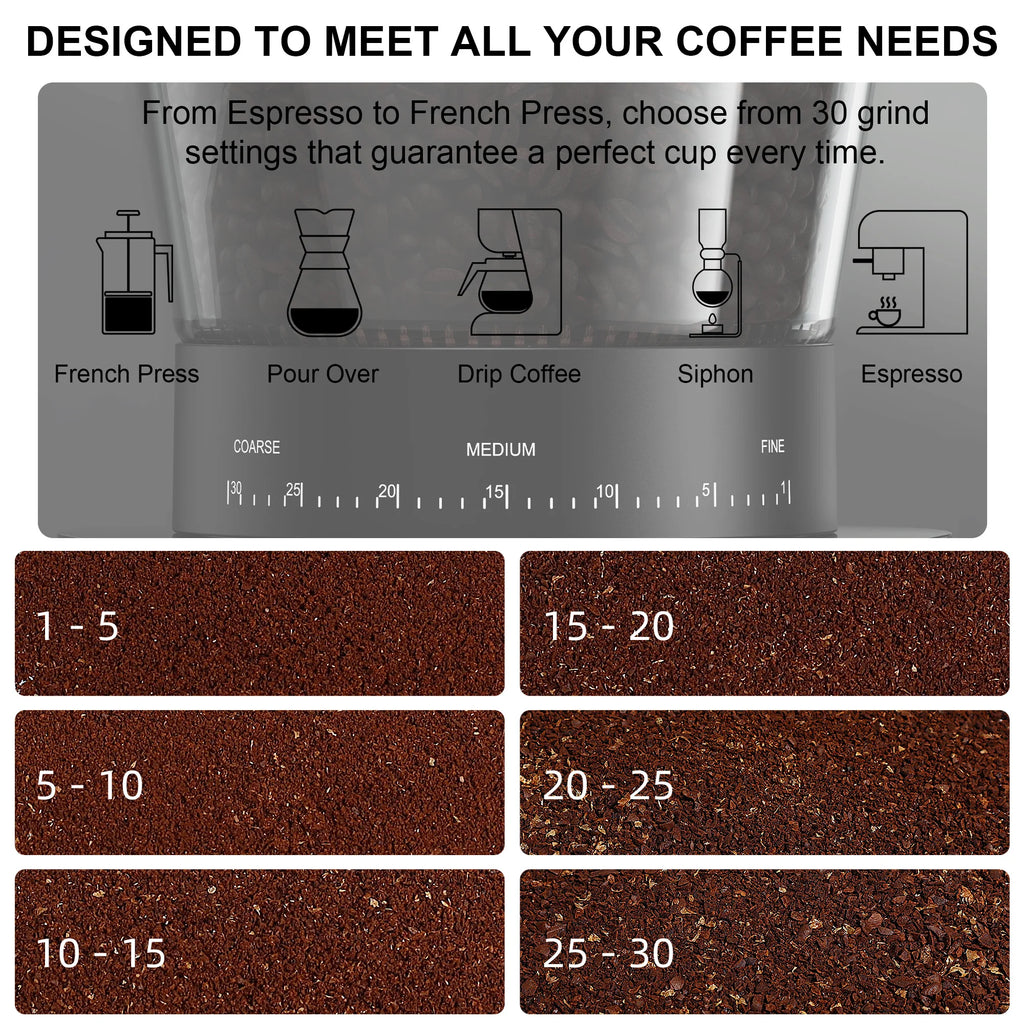 BioloMix Precision Conical Burr Coffee Grinder – 30-Setting Electric Burr Mill with LCD Timer, Magneti Ring & 300g Hopper