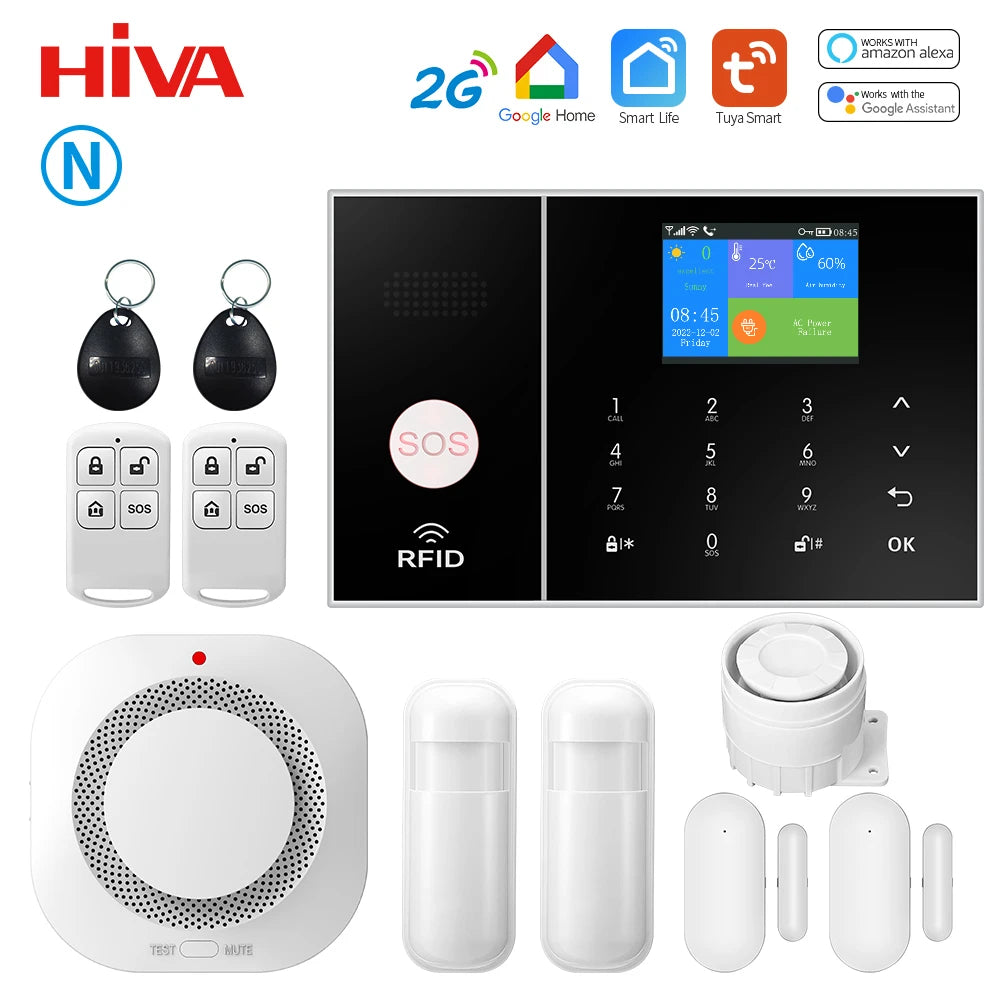 HIVA Security Alarm System For Home GSM Wifi Tuya Smart Life App Control Burglar Alarm Kit With Pir Door Sensor work with Alexa