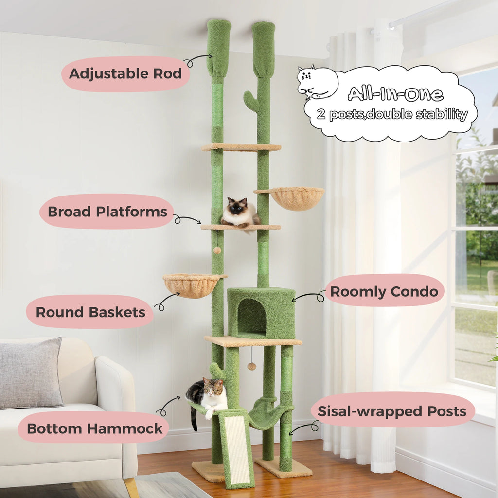 Cactus Floor-to-Ceiling Cat Tree Tower – 7-Tier Adjustable Cat Climbing Tree with Hammocks & Condo