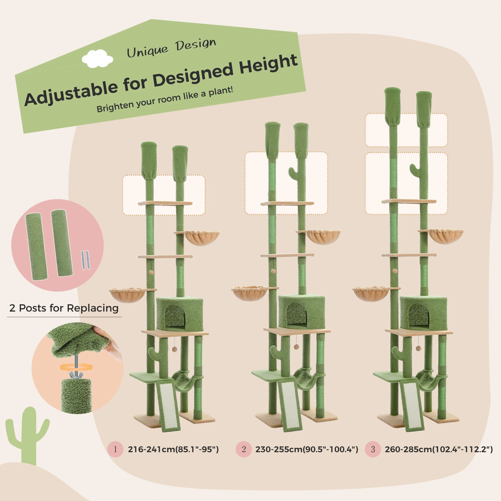 Cactus Floor-to-Ceiling Cat Tree Tower – 7-Tier Adjustable Cat Climbing Tree with Hammocks & Condo
