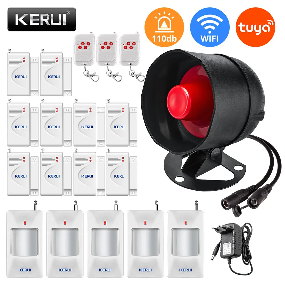 KERUI Tuya Smart WIFI Security Alarm System Kit 110dB Wireless Loud Indoor/Outdoor Siren Horn Home Burglar Motion Door Sensor