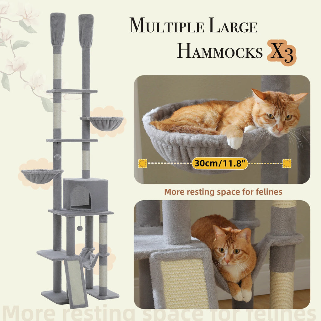 Cactus Floor-to-Ceiling Cat Tree Tower – 7-Tier Adjustable Cat Climbing Tree with Hammocks & Condo
