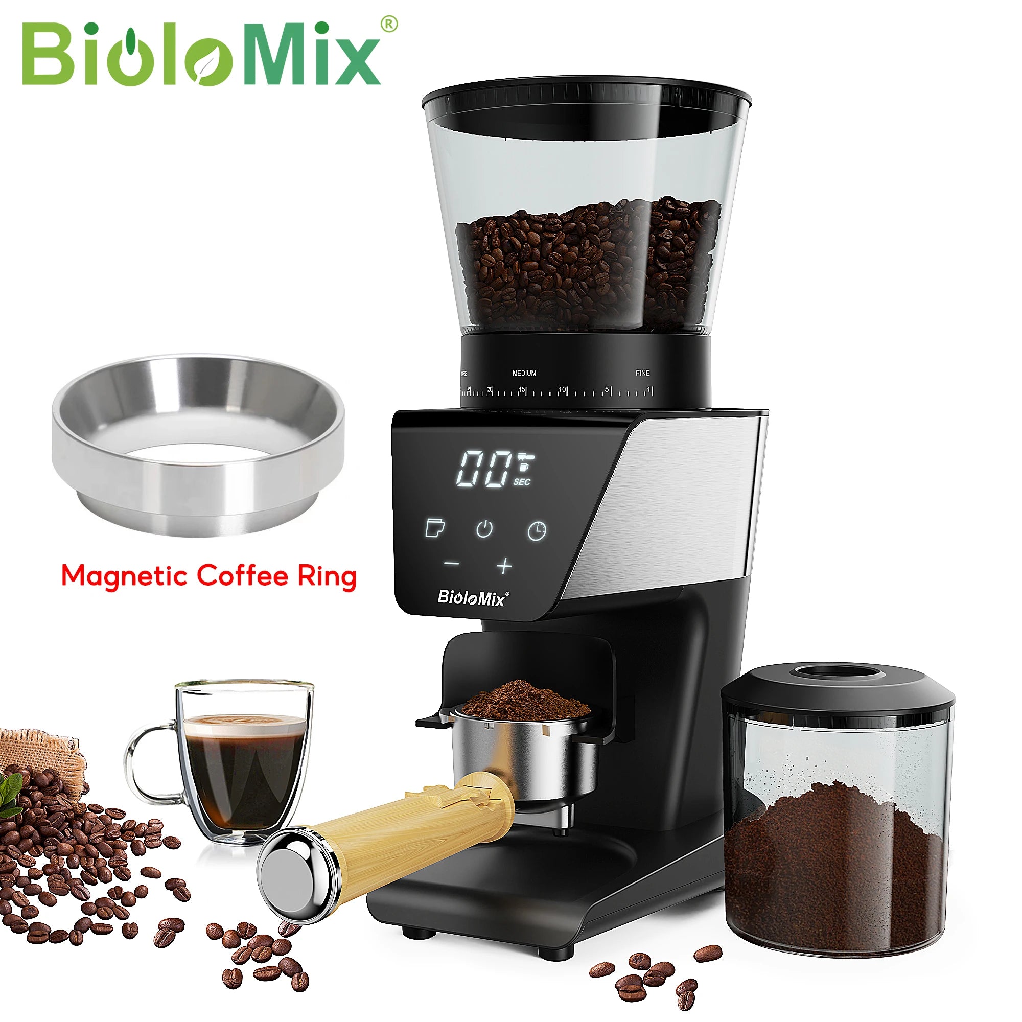 BioloMix Precision Conical Burr Coffee Grinder – 30-Setting Electric Burr Mill with LCD Timer, Magneti Ring & 300g Hopper