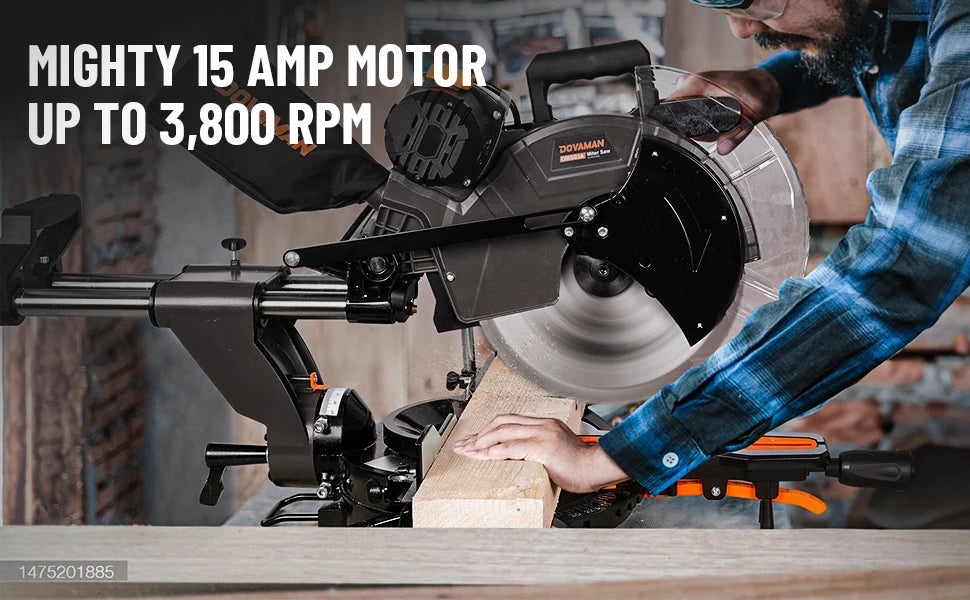 DOVAMAN 12-Inch Dual-Bevel Sliding Miter Saw | 3800 RPM 15A Motor | Laser Guide | 0–45° Bevel & Miter | 9 Positive Stops | 4.2" x 13" Crosscut Capacity