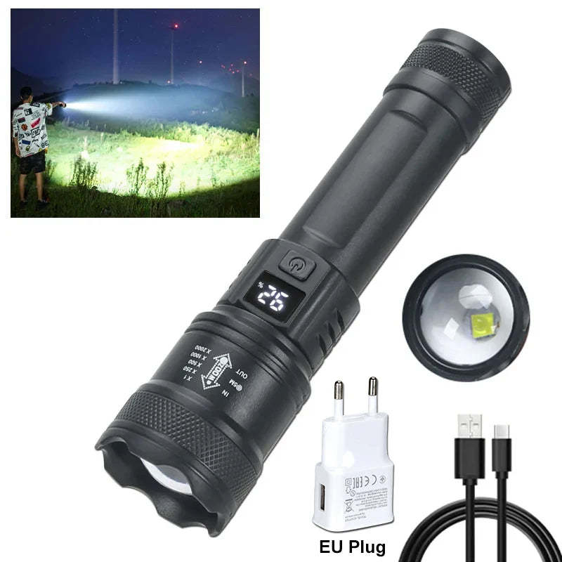 2000LM Tactical LED Flashlight with USB Recharge, Zoomable & Waterproof Camping Torch with Power Bank & Battery Indicator