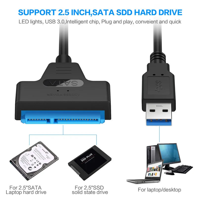 SATA to USB 3.0 Cable Adapter for 2.5” HDD SSD – 6Gbps Fast Data Transfer, External SATA III to USB 3.0/2.0 Compatible