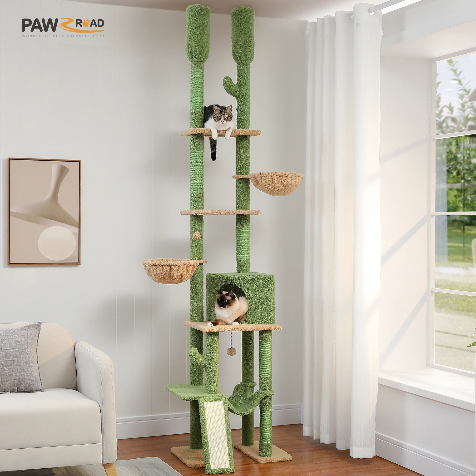 Cactus Floor-to-Ceiling Cat Tree Tower – 7-Tier Adjustable Cat Climbing Tree with Hammocks & Condo