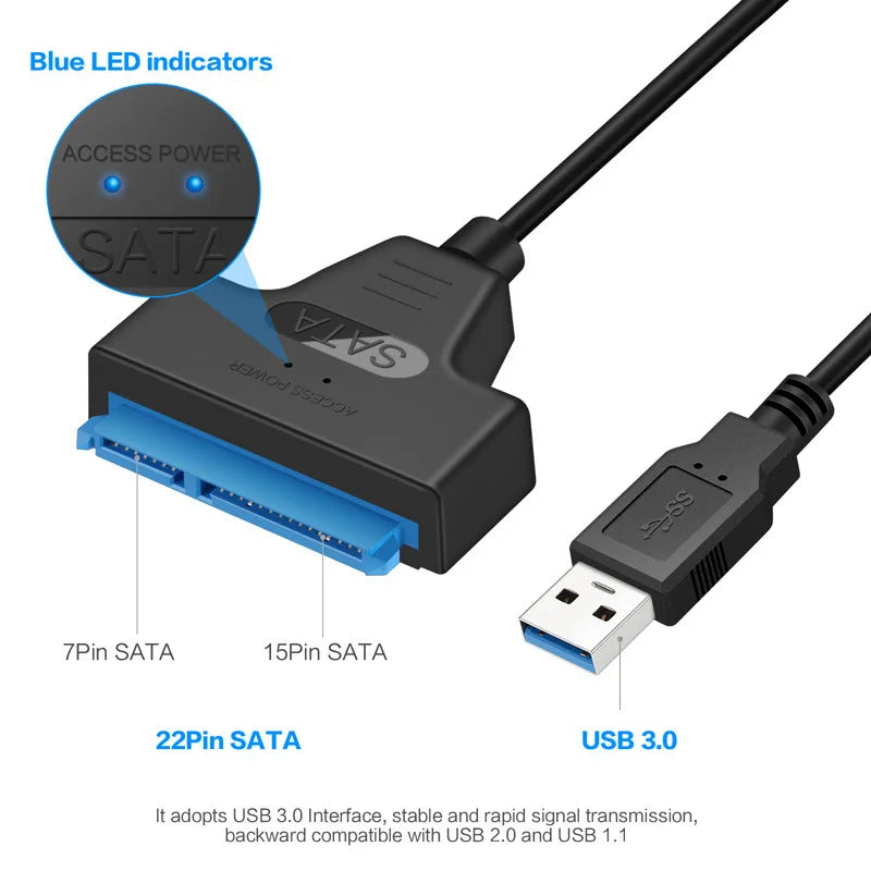 SATA to USB 3.0 Cable Adapter for 2.5” HDD SSD – 6Gbps Fast Data Transfer, External SATA III to USB 3.0/2.0 Compatible