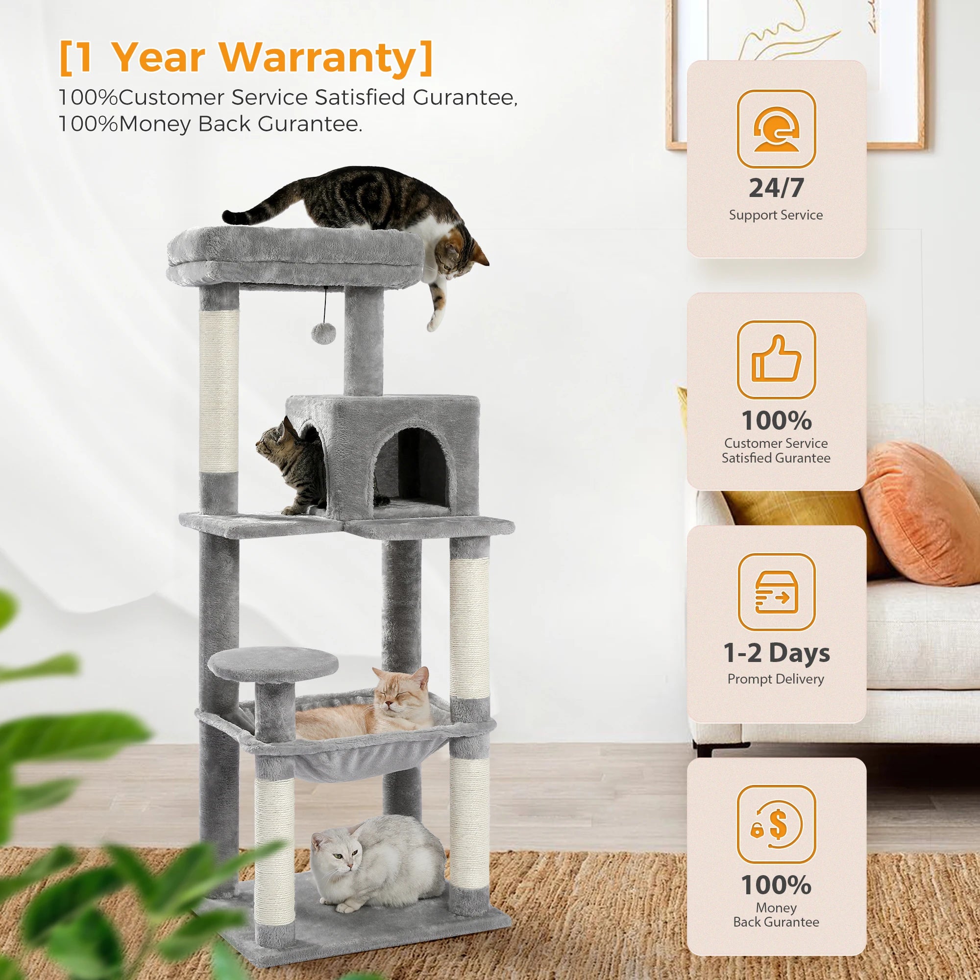 5-Level Cat Tree Tower for Indoor Cats – Large Cat Condo with Hammock & Scratching Posts