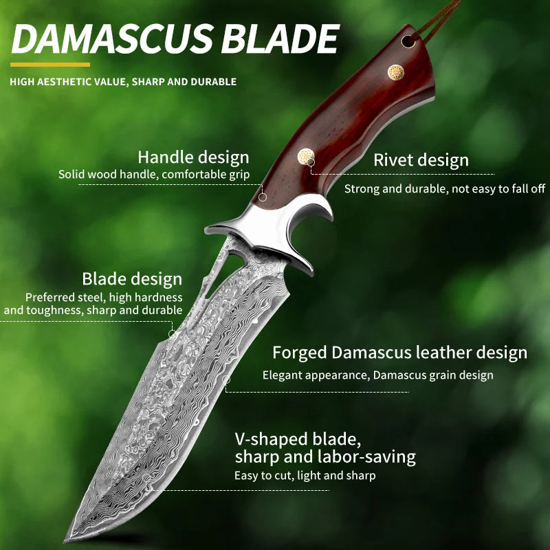 Damascus-Style Fixed Blade Knife – Premium Stainless Steel Blade, Wooden Handle & Leather Sheath