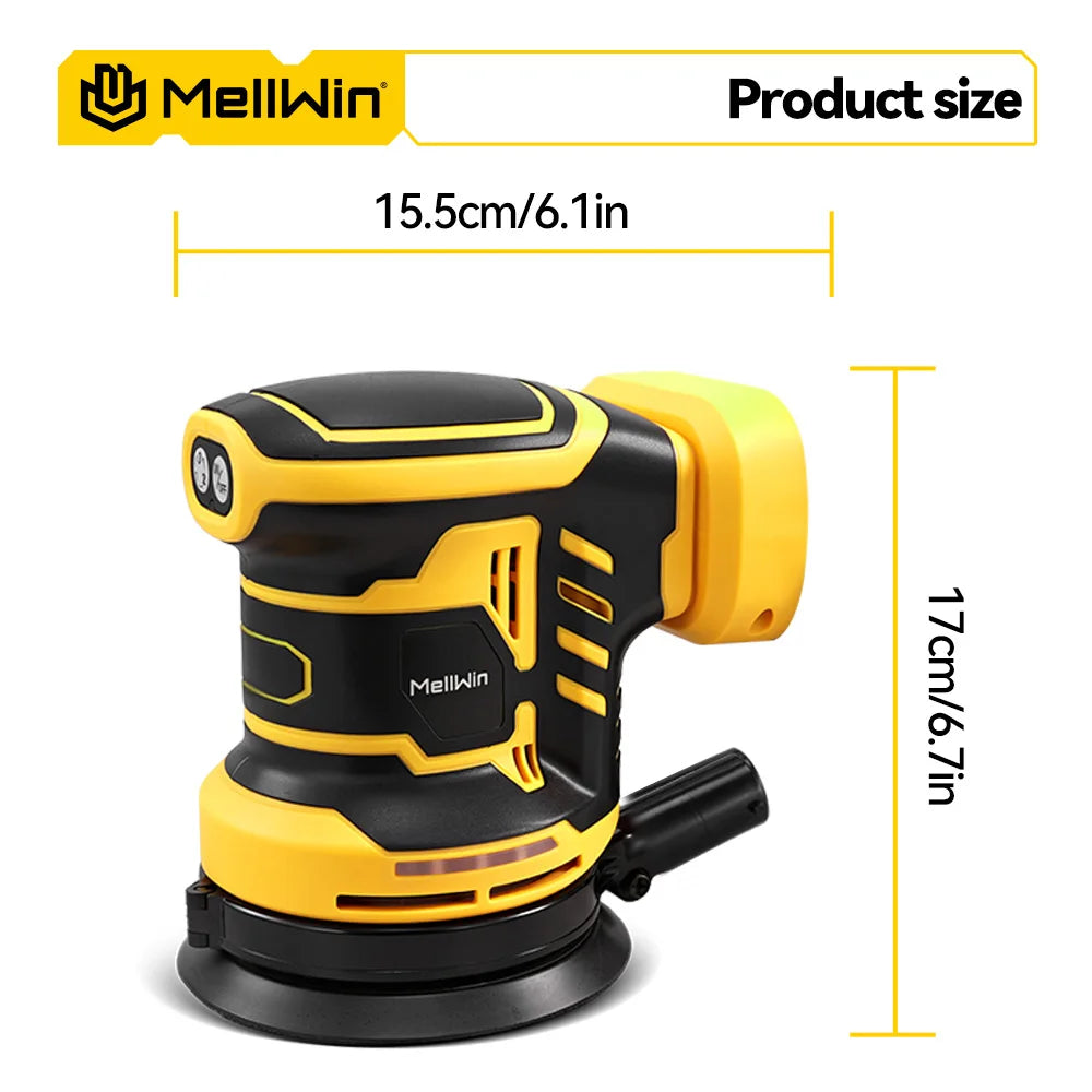 MELLWIN 125mm Cordless Orbital Sander Polisher, 3-Speed Adjustable 18V Electric Sander for Wood & Metal, Makita 18V Battery Compatible