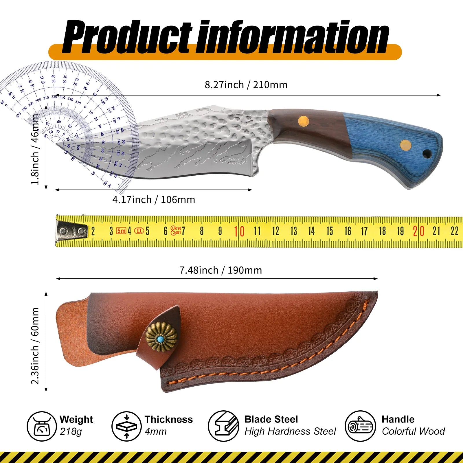 Damascus-Style Fixed Blade Knife – Premium Stainless Steel Blade, Wooden Handle & Leather Sheath