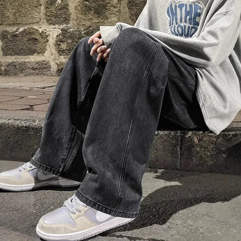 2024 Men’s Streetwear Loose Jeans – Korean Style Wide Leg Casual Pants, Black & Light Blue
