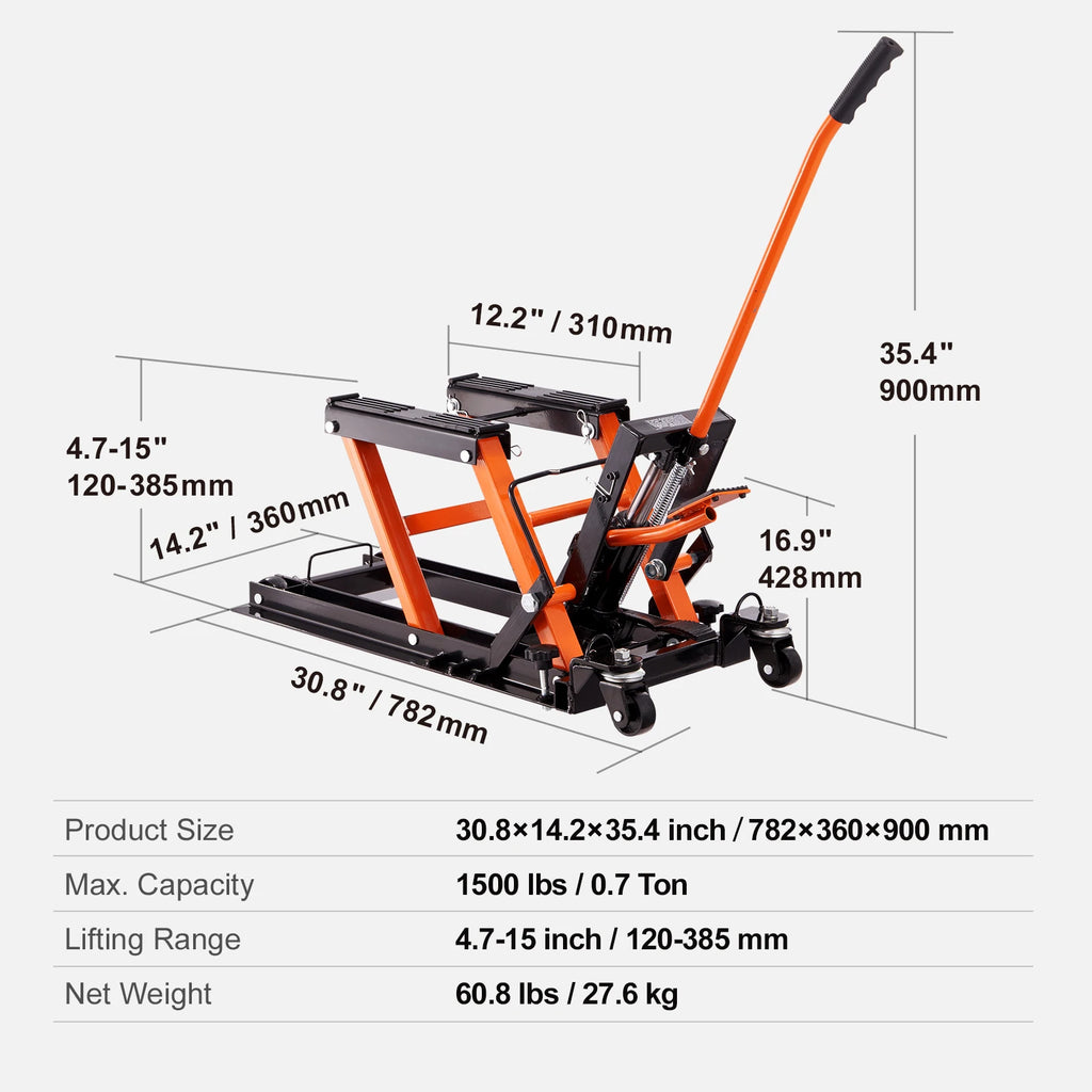 SucceBuy 1500 LB Hydraulic Motorcycle Jack Stand – Steel ATV & UTV Scissor Lift with 4 Wheels, Foot-Operated Lift, Safety Lock Pin