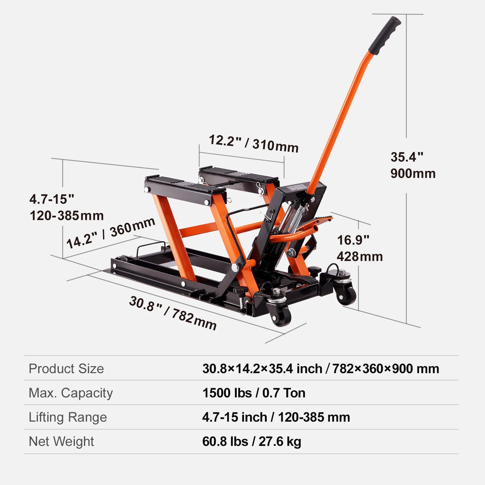 SucceBuy 1500 LB Hydraulic Motorcycle Jack Stand – Steel ATV & UTV Scissor Lift with 4 Wheels, Foot-Operated Lift, Safety Lock Pin