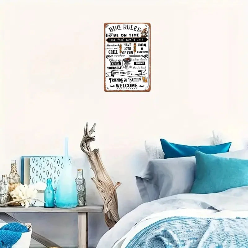 Vintage BBQ Rules Aluminum Metal Sign - 8x12 Inch Wall Decor for Home Bar, Patio, Grill, Coffee Shops, and Restaurants