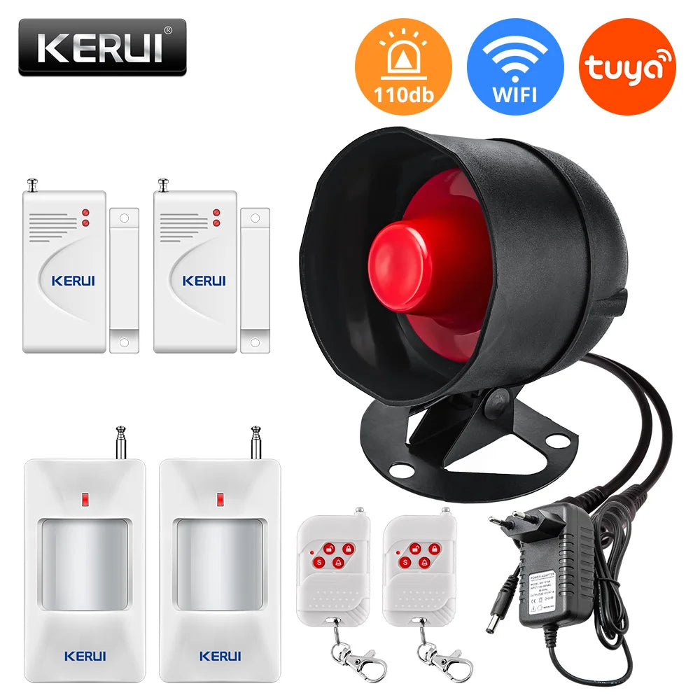 KERUI Tuya Smart WIFI Security Alarm System Kit 110dB Wireless Loud Indoor/Outdoor Siren Horn Home Burglar Motion Door Sensor