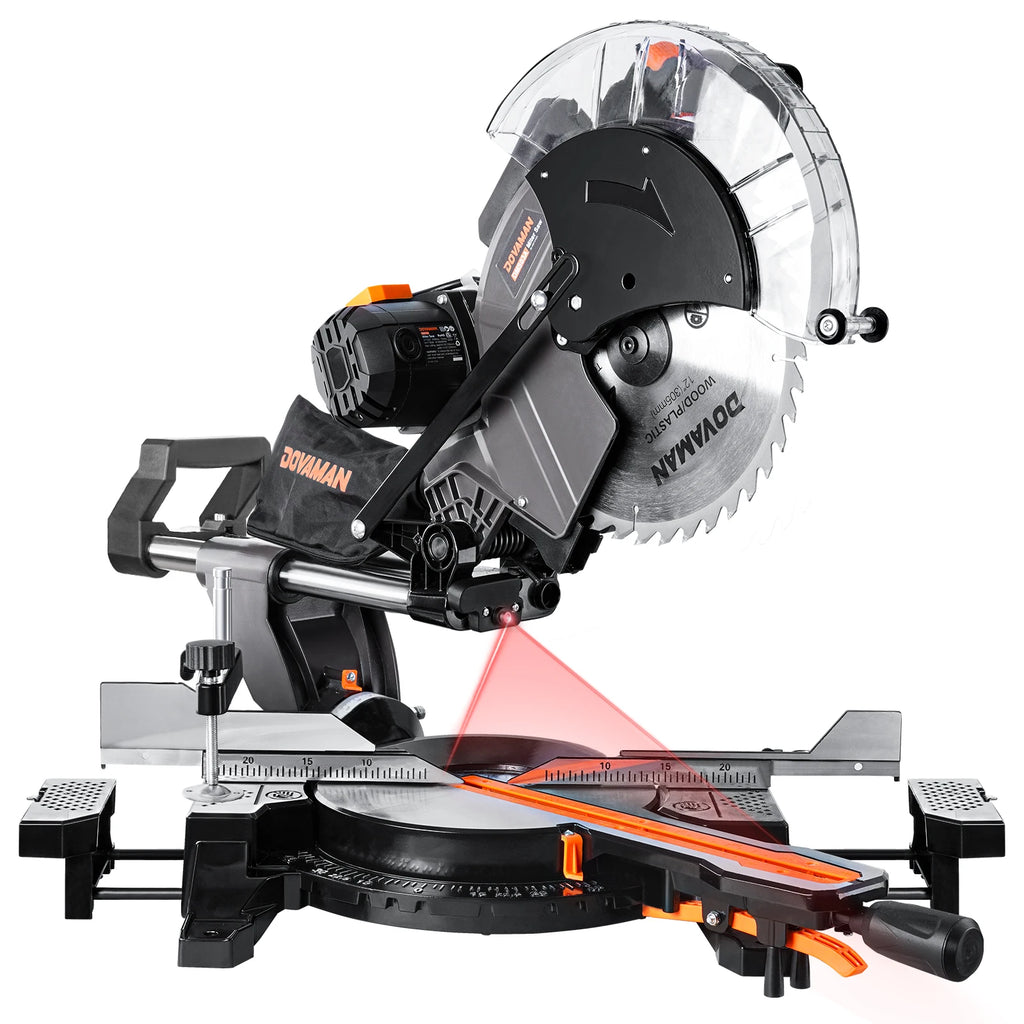 DOVAMAN 12-Inch Dual-Bevel Sliding Miter Saw | 3800 RPM 15A Motor | Laser Guide | 0–45° Bevel & Miter | 9 Positive Stops | 4.2" x 13" Crosscut Capacity