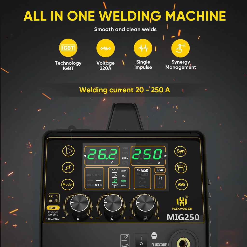HZXVOGEN MIG250 Aluminum 5 in 1 Welding Machine MMA ARC/Gas MIG/Gasless MIG/LIFT TIG Spot Welding Portable Home Welder Tool