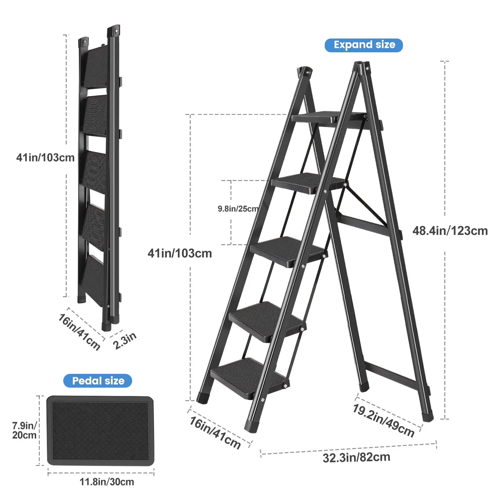 Non-Slip Folding Step Ladder – 5-Step Multifunctional Household Ladder with Herringbone Anti-Slip Treads for Home & Work