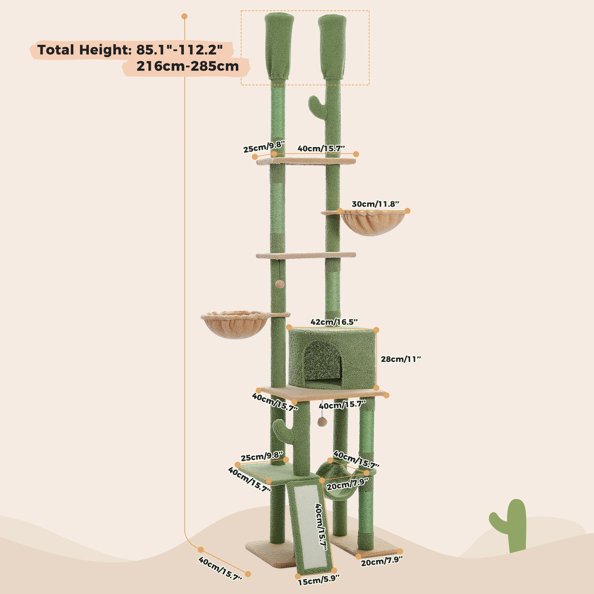 Cactus Floor-to-Ceiling Cat Tree Tower – 7-Tier Adjustable Cat Climbing Tree with Hammocks & Condo