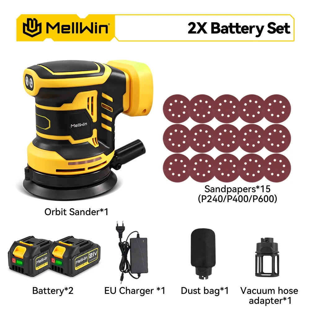 MELLWIN 125mm Cordless Orbital Sander Polisher, 3-Speed Adjustable 18V Electric Sander for Wood & Metal, Makita 18V Battery Compatible