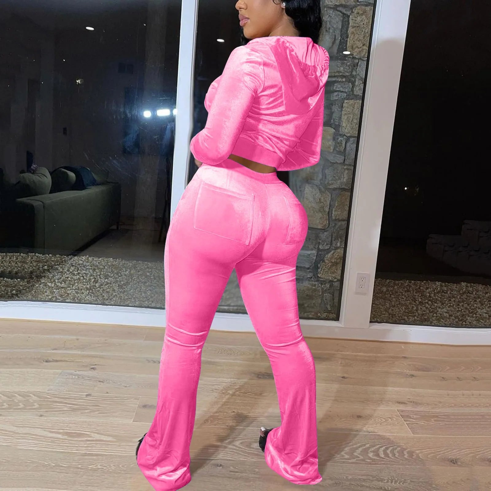 Velour Velvet Two-Piece Tracksuit for Women – Slim Fit Zip-Up Hoodie & Sweatpants Set, Casual Luxe Loungewear Outfit