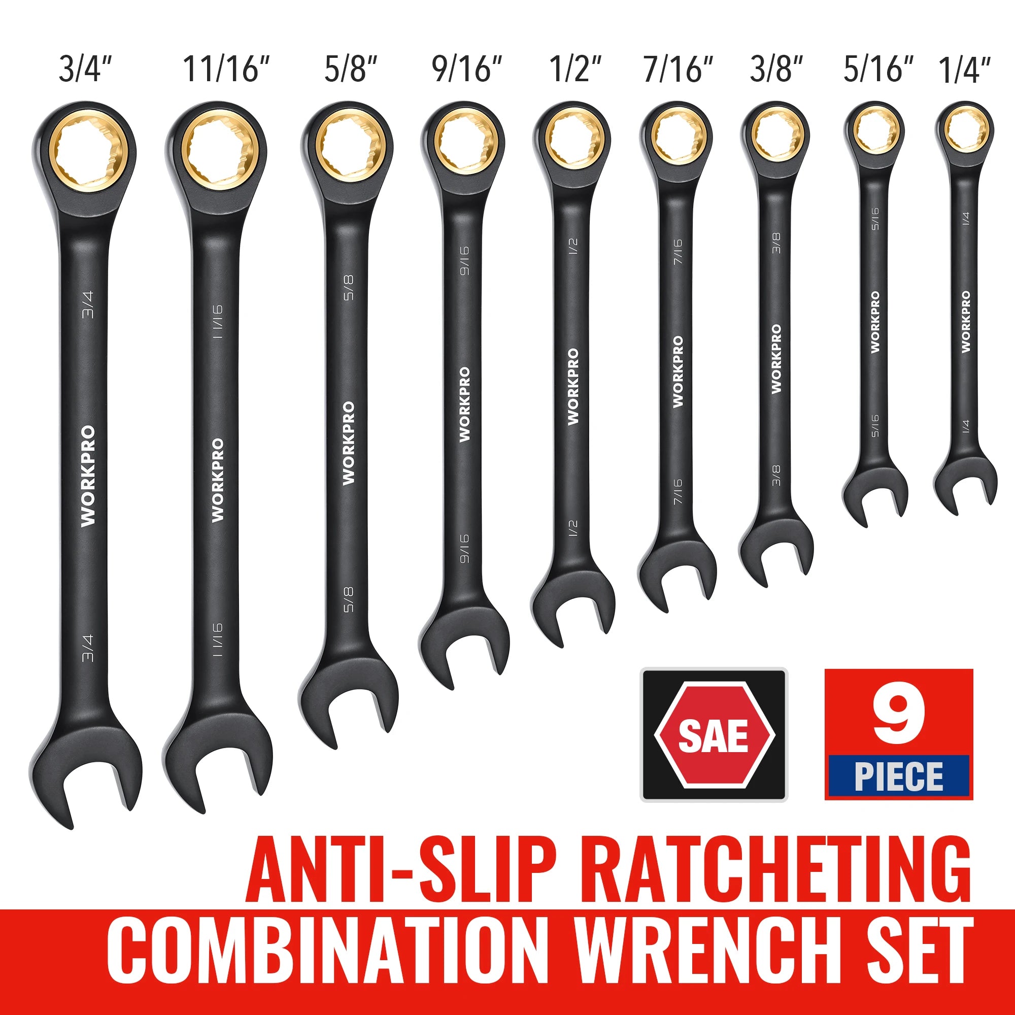 WORKPRO 9-Piece 72-Tooth Ratcheting Combination Wrench Set (Metric 8–19mm)