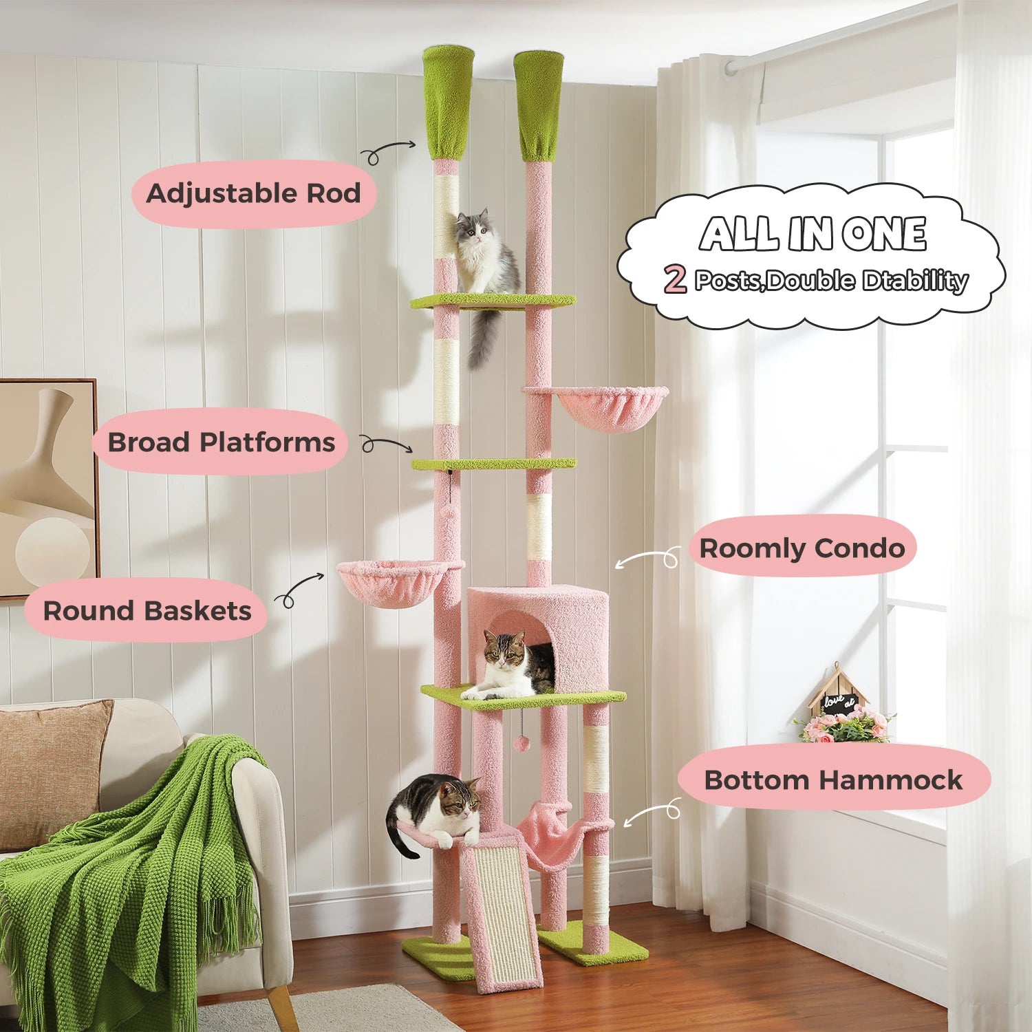 Cactus Floor-to-Ceiling Cat Tree Tower – 7-Tier Adjustable Cat Climbing Tree with Hammocks & Condo