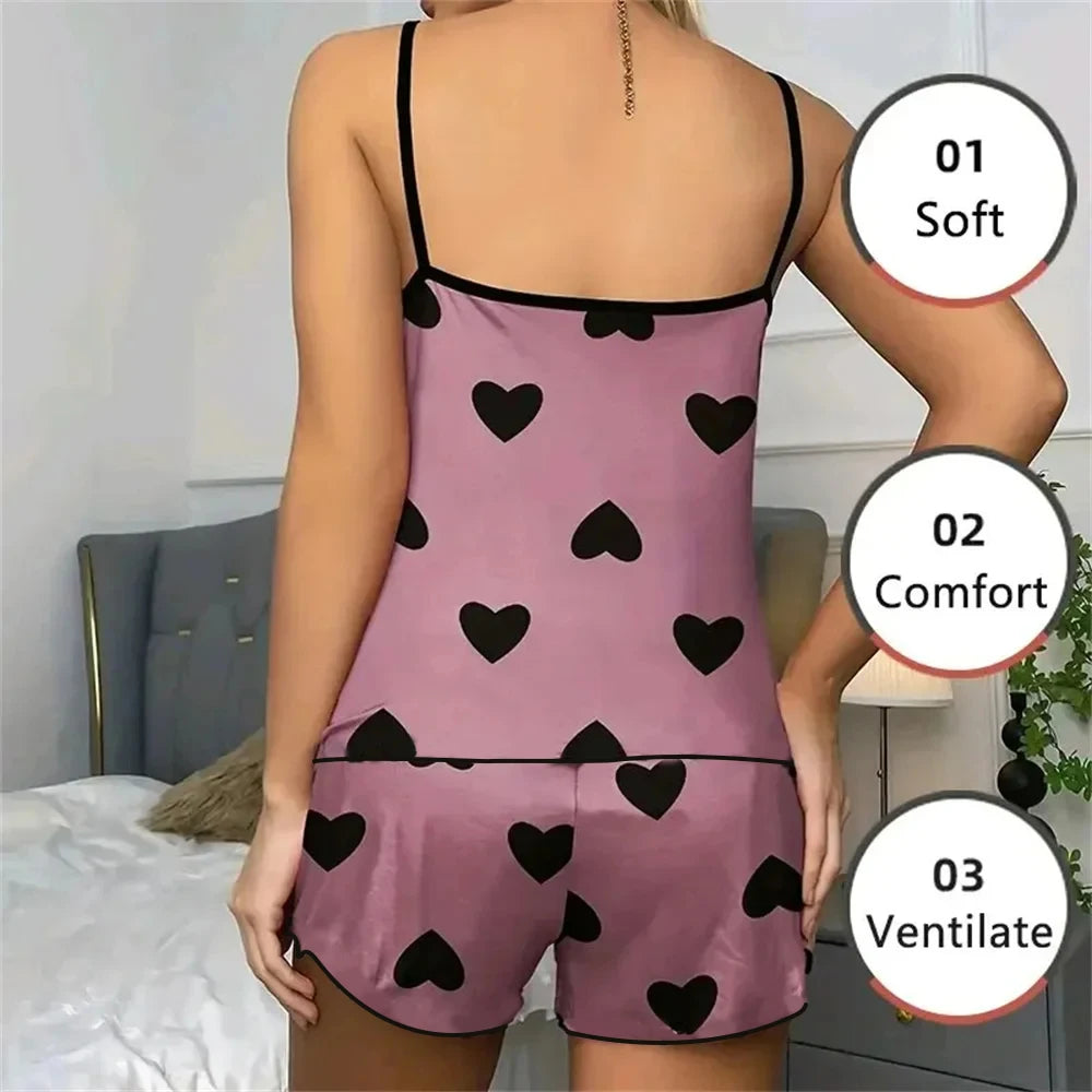 DreamSoft™ Women’s Ice-Silk Summer Pajama Set – Pink Heart Print Sleeveless Top & Shorts Lounge Set