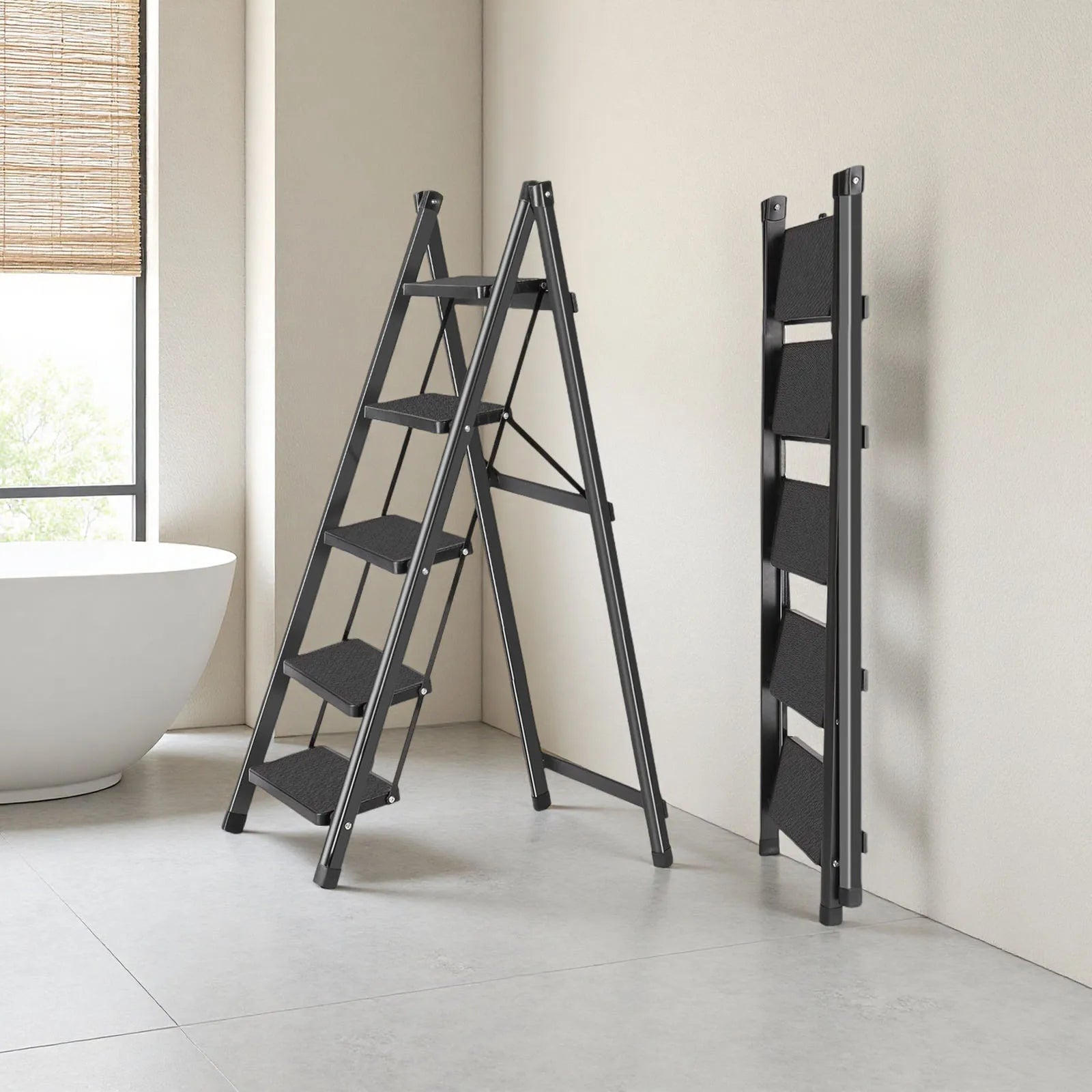 Non-Slip Folding Step Ladder – 5-Step Multifunctional Household Ladder with Herringbone Anti-Slip Treads for Home & Work