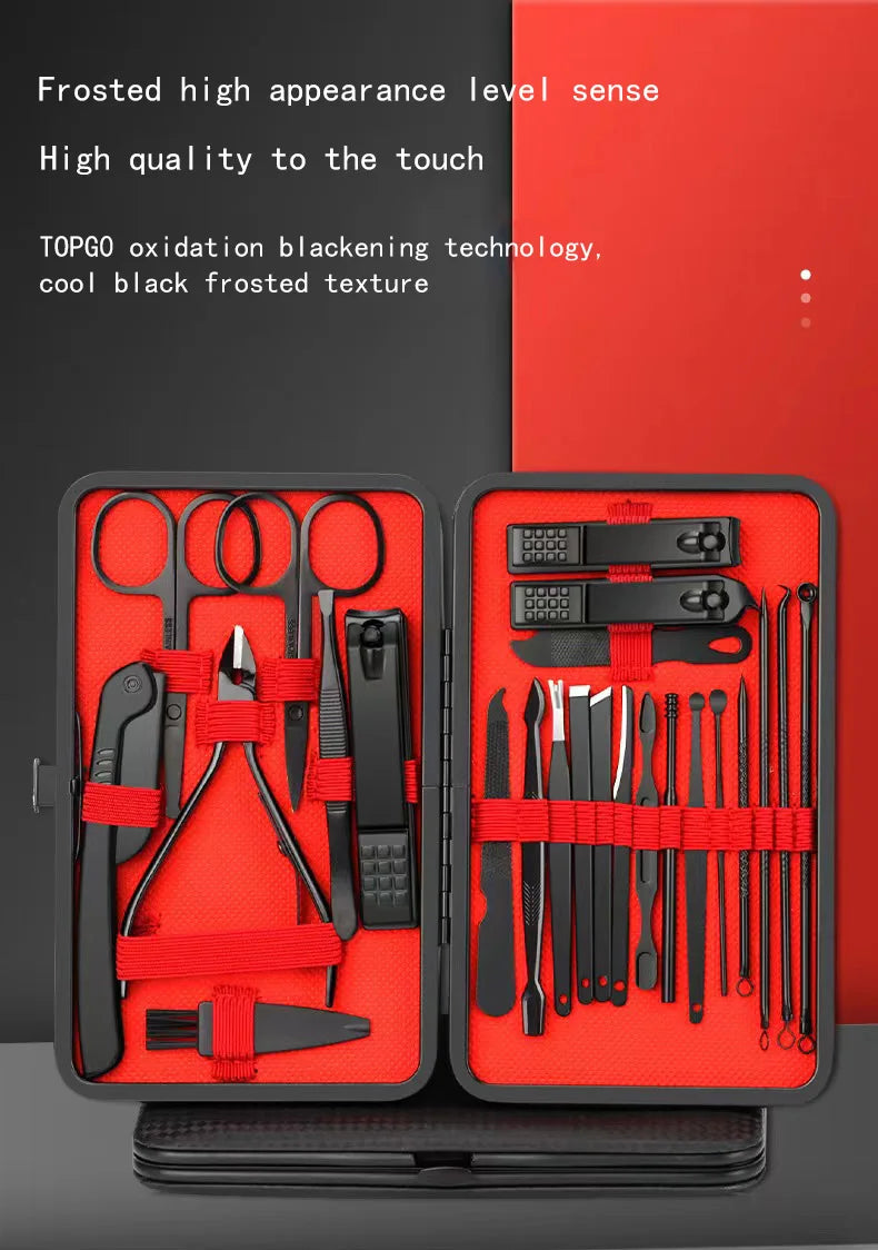 ✨ Luxe Carbon-Steel 24-Piece Nail Care Kit – Professional Manicure & Pedicure Set (Black + Red Edition)